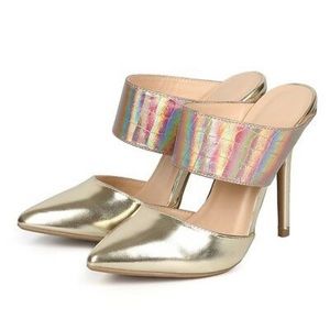 Gold Hologram Stiletto Slip On Mule Heels